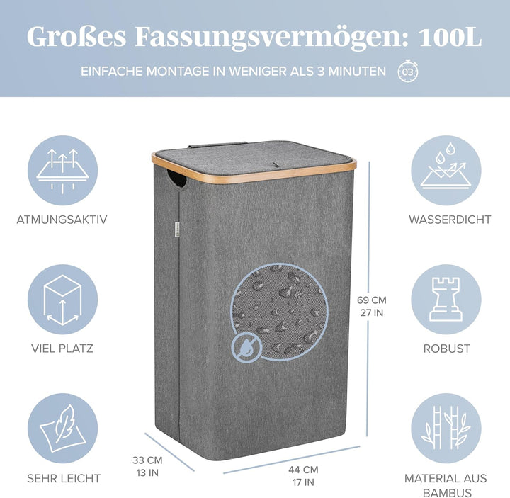 Lonbet - Wäschekorb mit Deckel Gross - XL 100 Liter - Wäschekorb Holz Bambus - Wäschesammler Grau mi