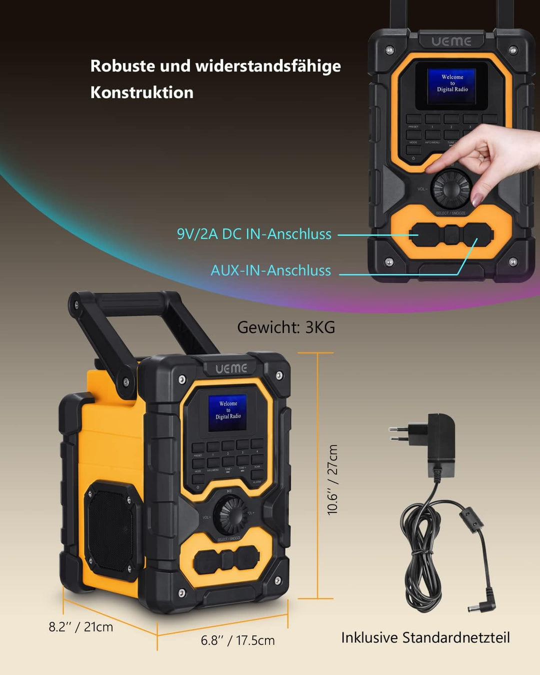 UEME Baustellenradio Robustes DAB+ FM Radio mit Bluetooth,Ladestation und Aux Anschluss DB-1005 (Gel