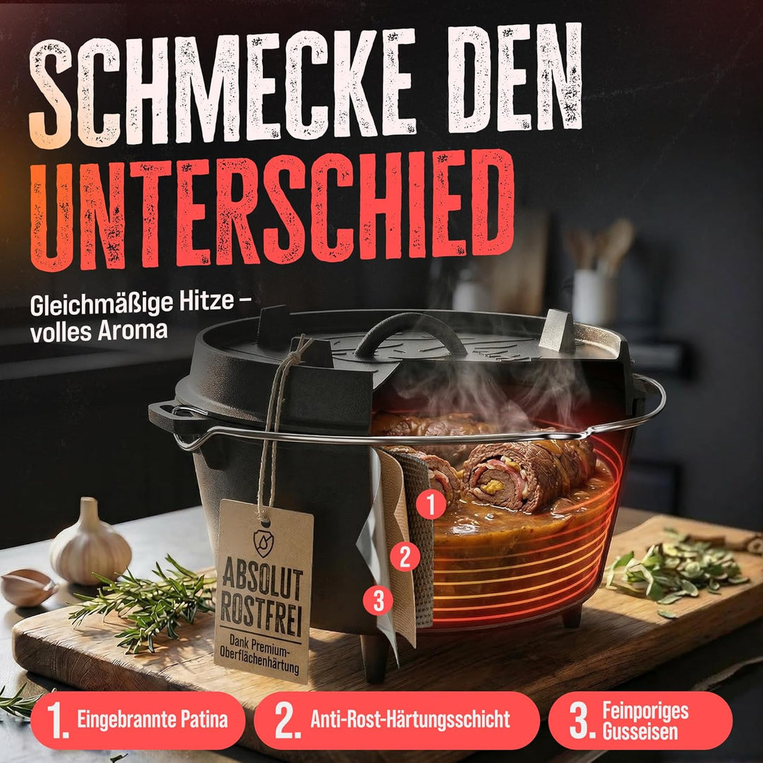 AMZBBQ® Premium Dutch Oven – Doppelt Eingebrannter Gusseisen Feuertopf – Rostbeständiger Schmortopf