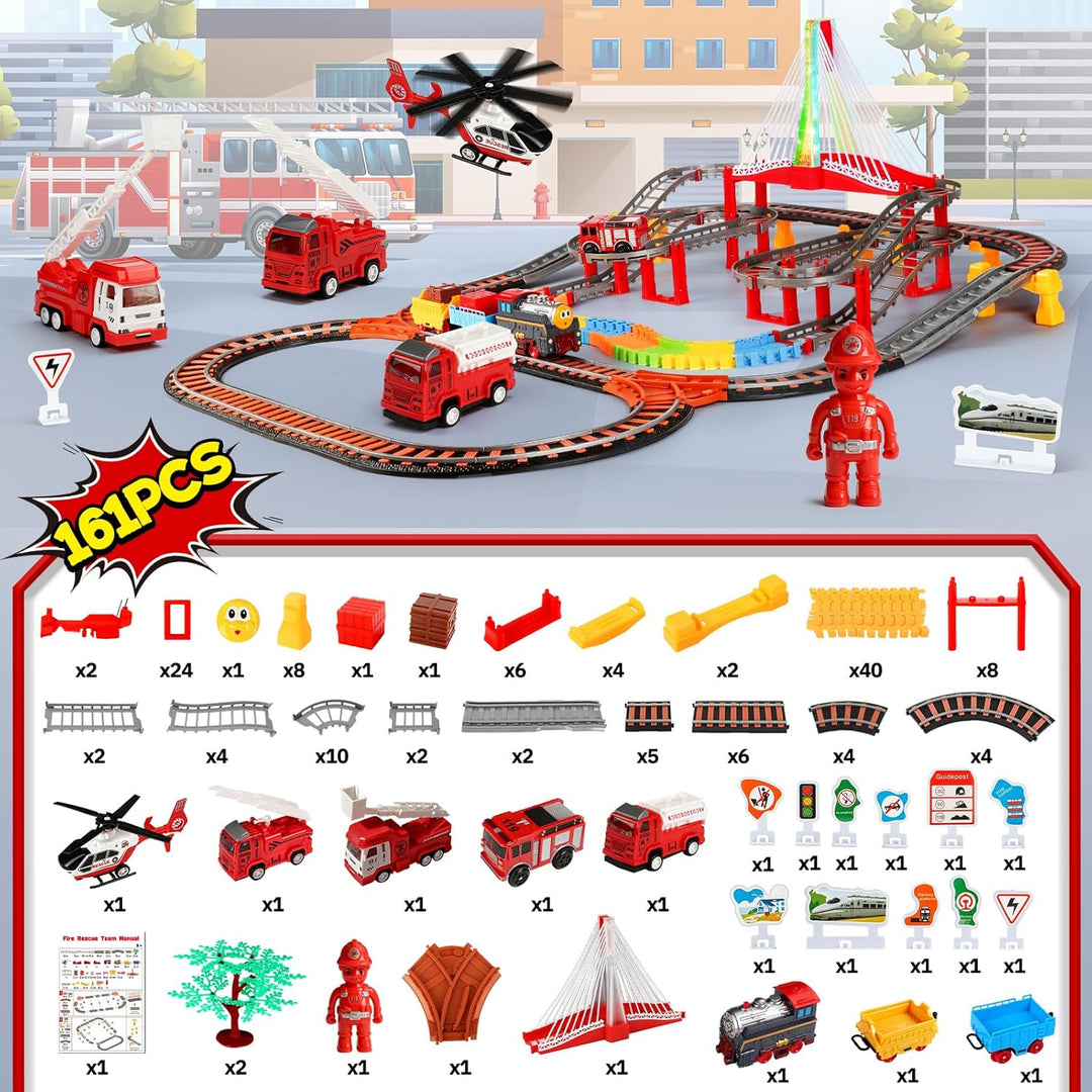 JONRRYIN Kinder Eisenbahnschiene Zug Spielzeug Set, Autorennbahn Spielzeug mit Zug&Autobahnautos, fü