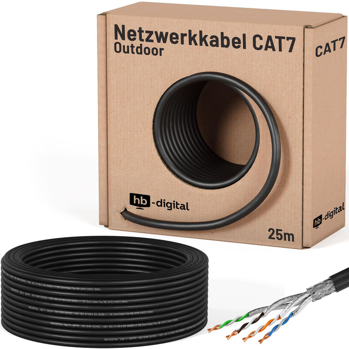 HB-DIGITAL 25m Cat 7 Verlegekabel Outdoor schwarz AWG23/1 PE S/FTP doppelt geschirmt PIMF Reines Kup