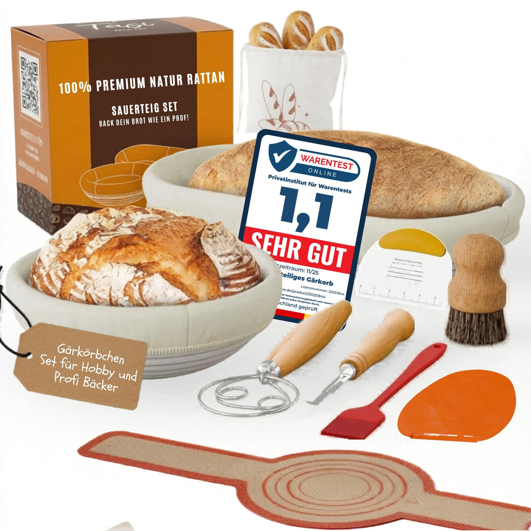 Brot Gärkorb Set 13-teilig – 2x Profi Gärkörbchen Rund & Oval (23 & 25 cm) aus 100% Rattan | Komplet