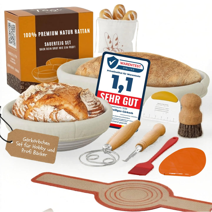 Brot Gärkorb Set 13-teilig – 2x Profi Gärkörbchen Rund & Oval (23 & 25 cm) aus 100% Rattan | Komplet