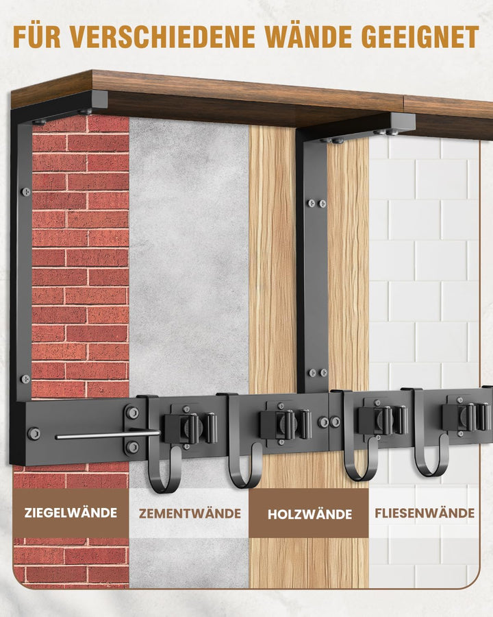 Supforce Besenhalter Wandmontage mit Holzablage, robuster Gerätehalter aus Metall mit Staubsaugerhal