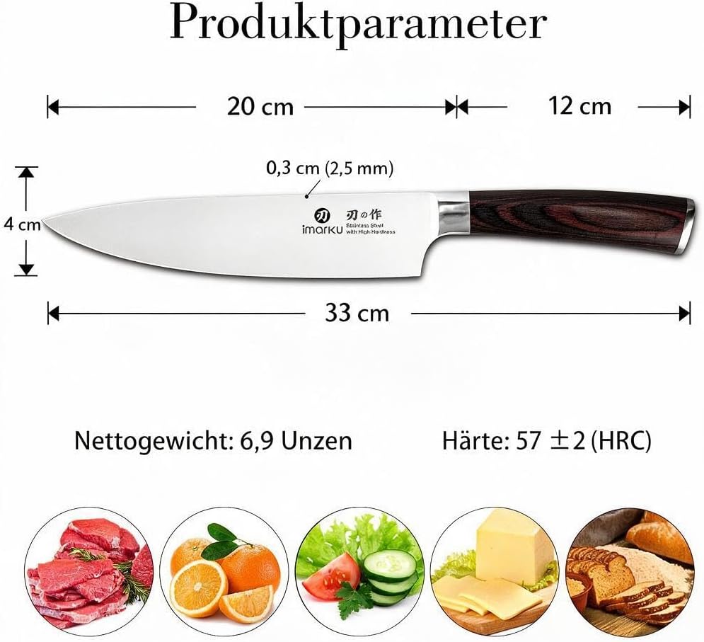 Kochmesser-imarku 20cm Profi Küchenmesser Chef Messer Allzweckmesser aus Carbon-Edelstahl, Ultrascha