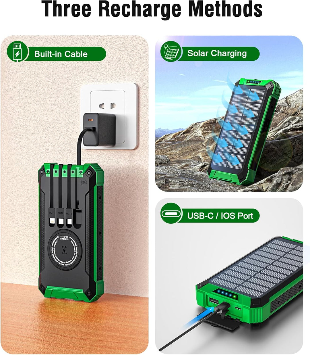 Solar Powerbank 26800mAh mit integrierten 4 Kabeln, Wireless Power Bank USB-C Ausgang/Eingang 15W Sc