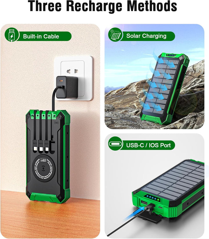 Solar Powerbank 26800mAh mit integrierten 4 Kabeln, Wireless Power Bank USB-C Ausgang/Eingang 15W Sc