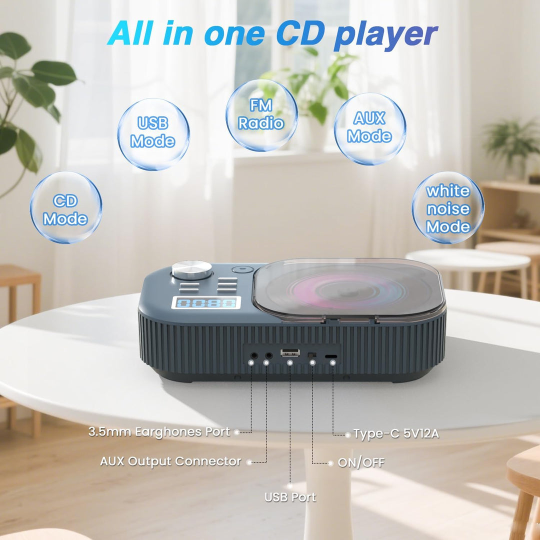 MONODEAL CD Player mit Radio und Bluetooth,White Noise,Stereo Lautsprecher | Wiederaufladbar CD Play