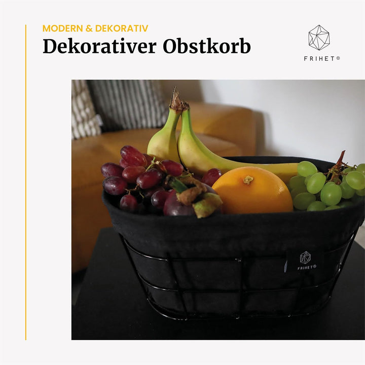 FRIHET 2-in-1 Brotkorb & Obstschale - Metall - waschbare Einlage aus 100% Baumwolle - oval - schwarz