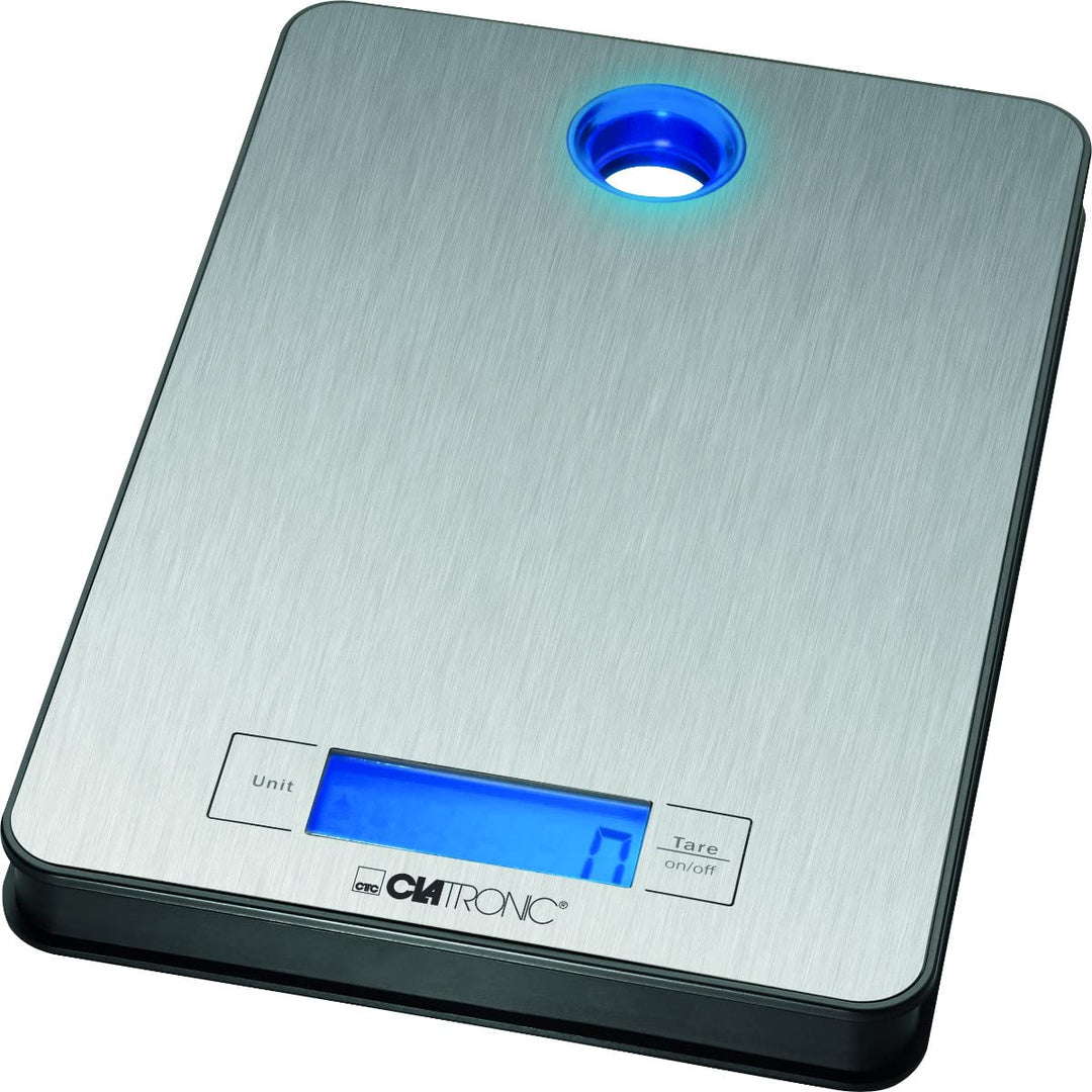 Clatronic Küchenwaage KW 3412, Wiegefläche aus Edelstahl, LCD-Display, bis 5kg in 1g-Schritten (g, k