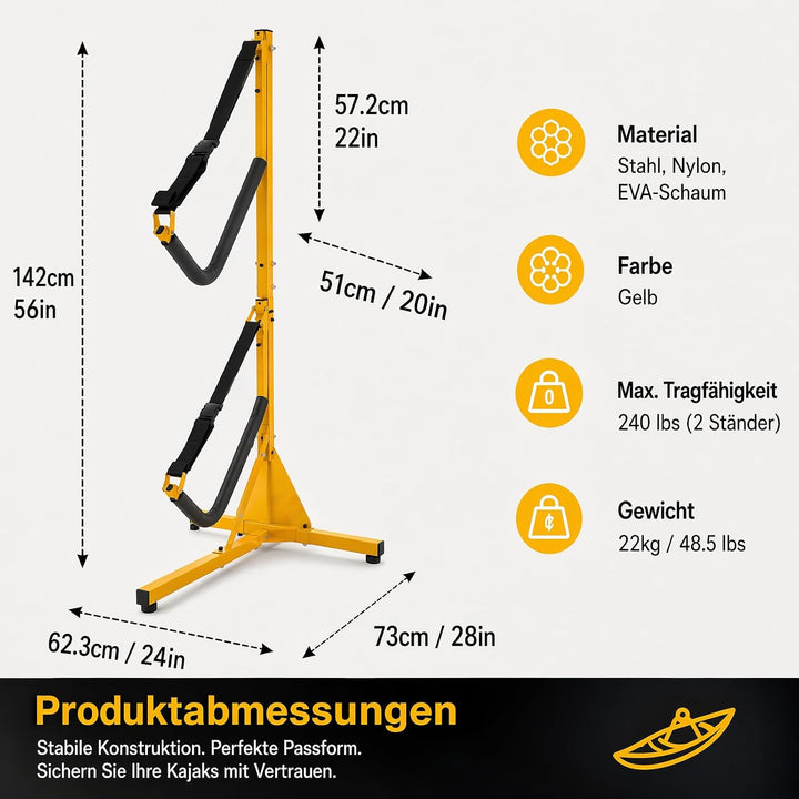 2er-Pack Kajakständer, 73x62,3x142cm Freistehender Kajak-Lagerungsregal Faltbarer Kajak-Bodenaufbewa