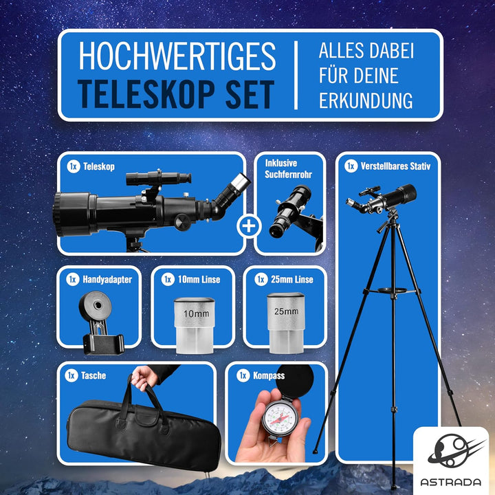 ASTRADA® Teleskop [70/400] mit Stativ & Handyhalterung - astronomisches Fernrohr Teleskop für Kinder