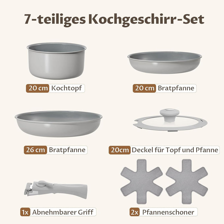 Topfset mit Abnehmbarer Griff, 7-Teilig Topf und Pfannenset, Keramik Antihaft Pfanne, Molekulare Ind