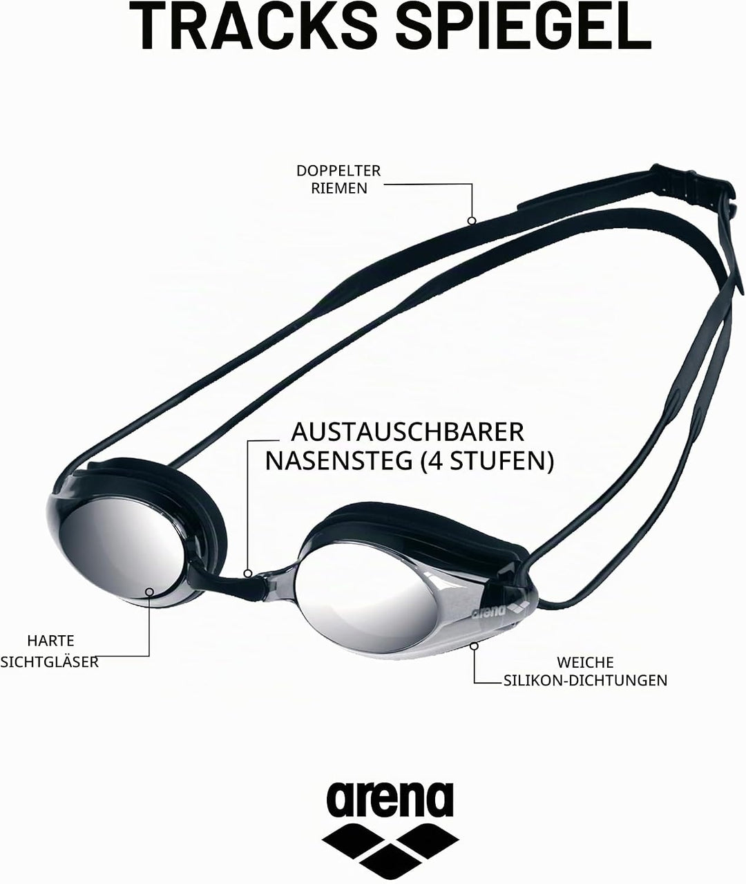 arena Tracks Anti-Fog Wettkampf Schwimmbrille Unisex für Erwachsene, Schwimmbrille mit UV-Schutz, 4
