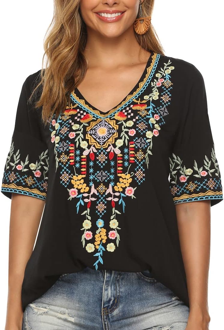 Seasonal Tunika Damen Sommer Boho Folklore Bluse mit Stickerei Oberteil Hippie Trachten Kurzarm Klei