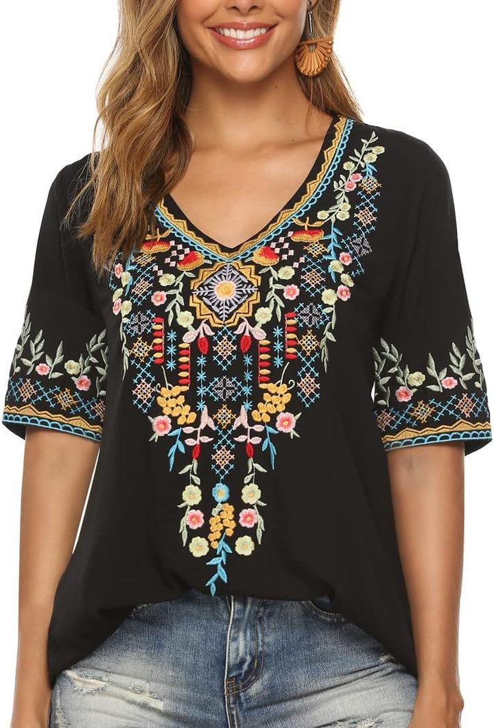 Seasonal Tunika Damen Sommer Boho Folklore Bluse mit Stickerei Oberteil Hippie Trachten Kurzarm Klei