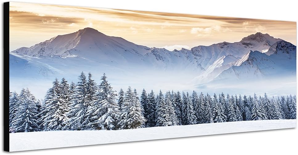 Paul Sinus Art Panoramabild auf Leinwand und Keilrahmen 150x50cm Gebirge Wald Schnee Wolken Abendlic