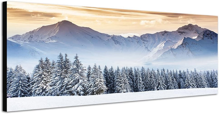 Paul Sinus Art Panoramabild auf Leinwand und Keilrahmen 150x50cm Gebirge Wald Schnee Wolken Abendlic