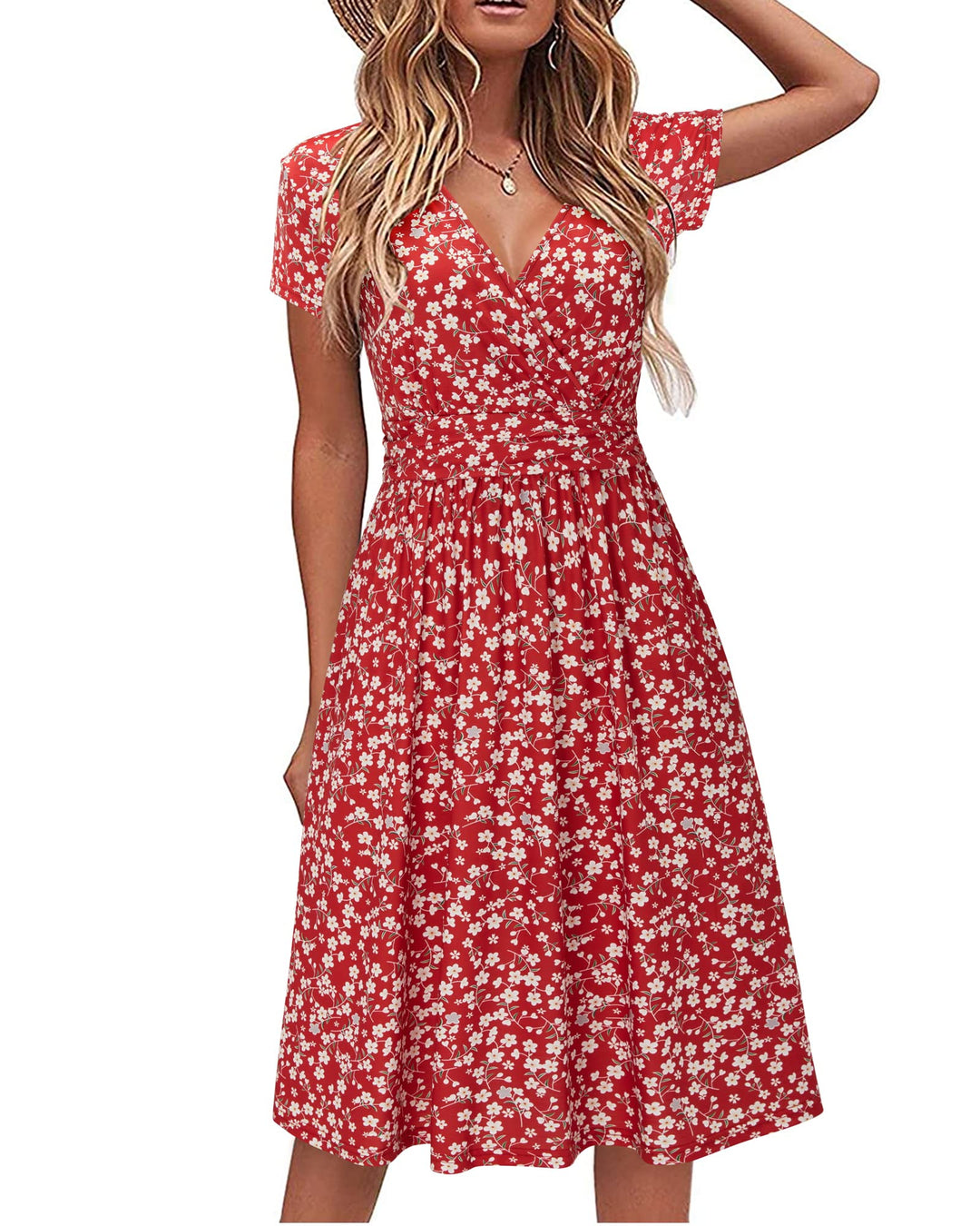 STYLEWORD Damen Sommerkleid Kurzarm V-Ausschnitt Kleider Blumenmuster Kleid Wickelkleid Mit Taschen