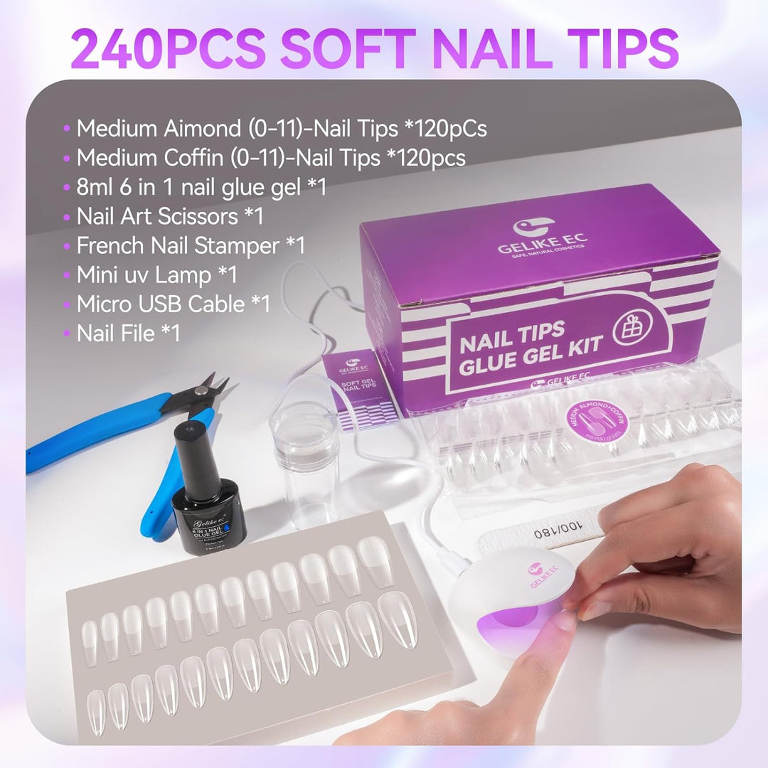 Gelike ec Nail Tips and Glue Gel Kit - Gel x Nail Extension Set Mini Nagellampe und 6 in 1Nagelklebe