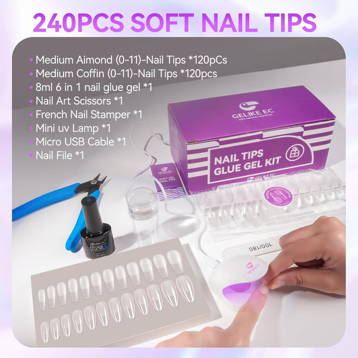 Gelike ec Nail Tips and Glue Gel Kit - Gel x Nail Extension Set Mini Nagellampe und 6 in 1Nagelklebe