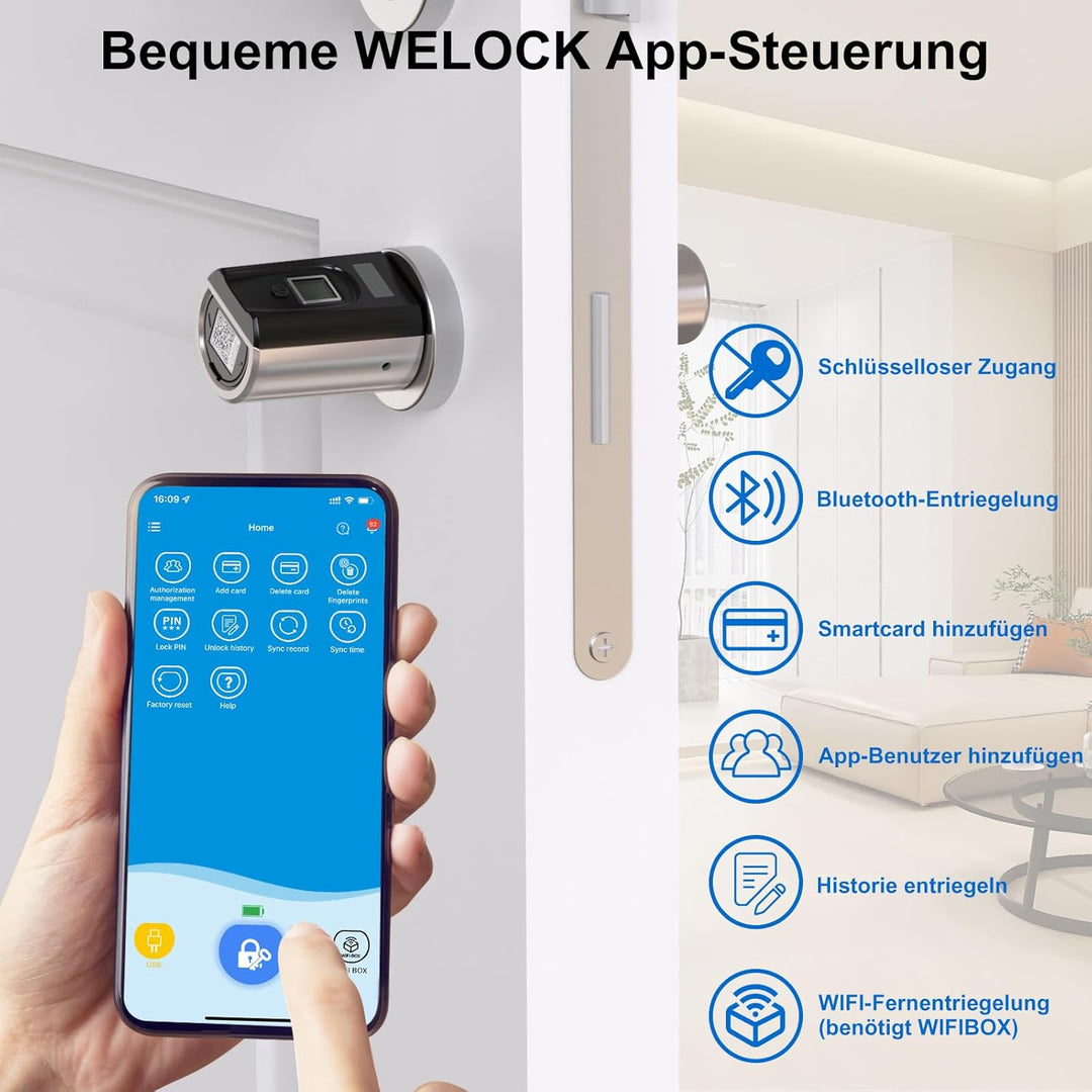 WELOCK SECBN51 Fingerabdruck Schloss mit App, RFID-Karte Transponder und WiFi, Fingerabdruck Türschl