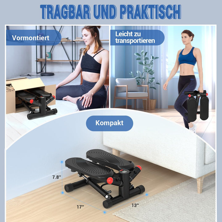 Mini Stepper für Zuhause mit Power Ropes, Höhenverstellbar Up-Down Swing Stepper mit LCD-Monitor, Ho