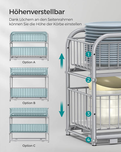 SONGMICS Organizer für Küche, 2 ausziehbare Schubladen für Schränke, stapelbarer Schubladen Organize