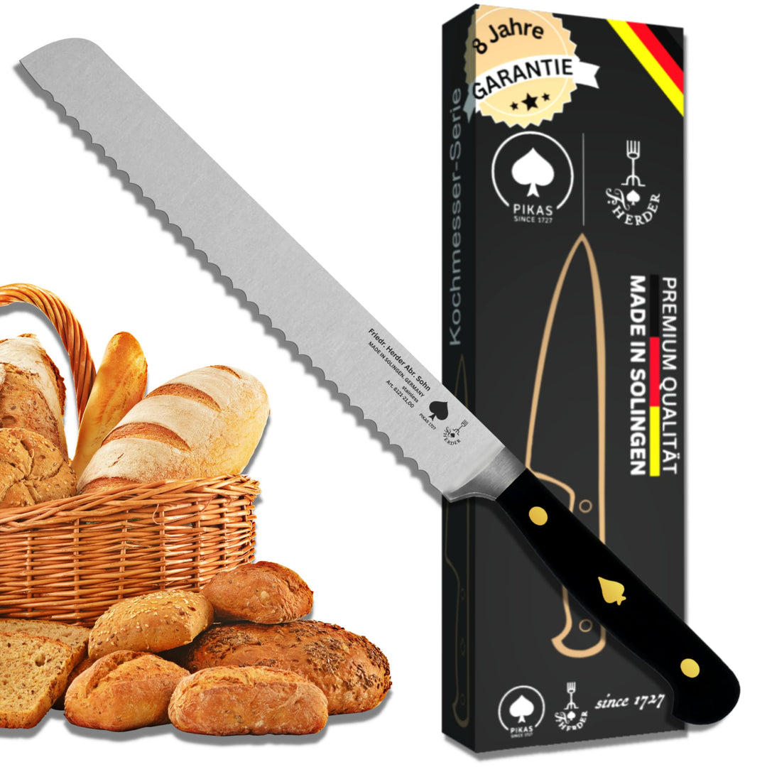 Brotmesser Premium aus Solingen, Extrascharf, Rostfrei, Klingenlänge 21 cm im Wellenschliff – Spülma