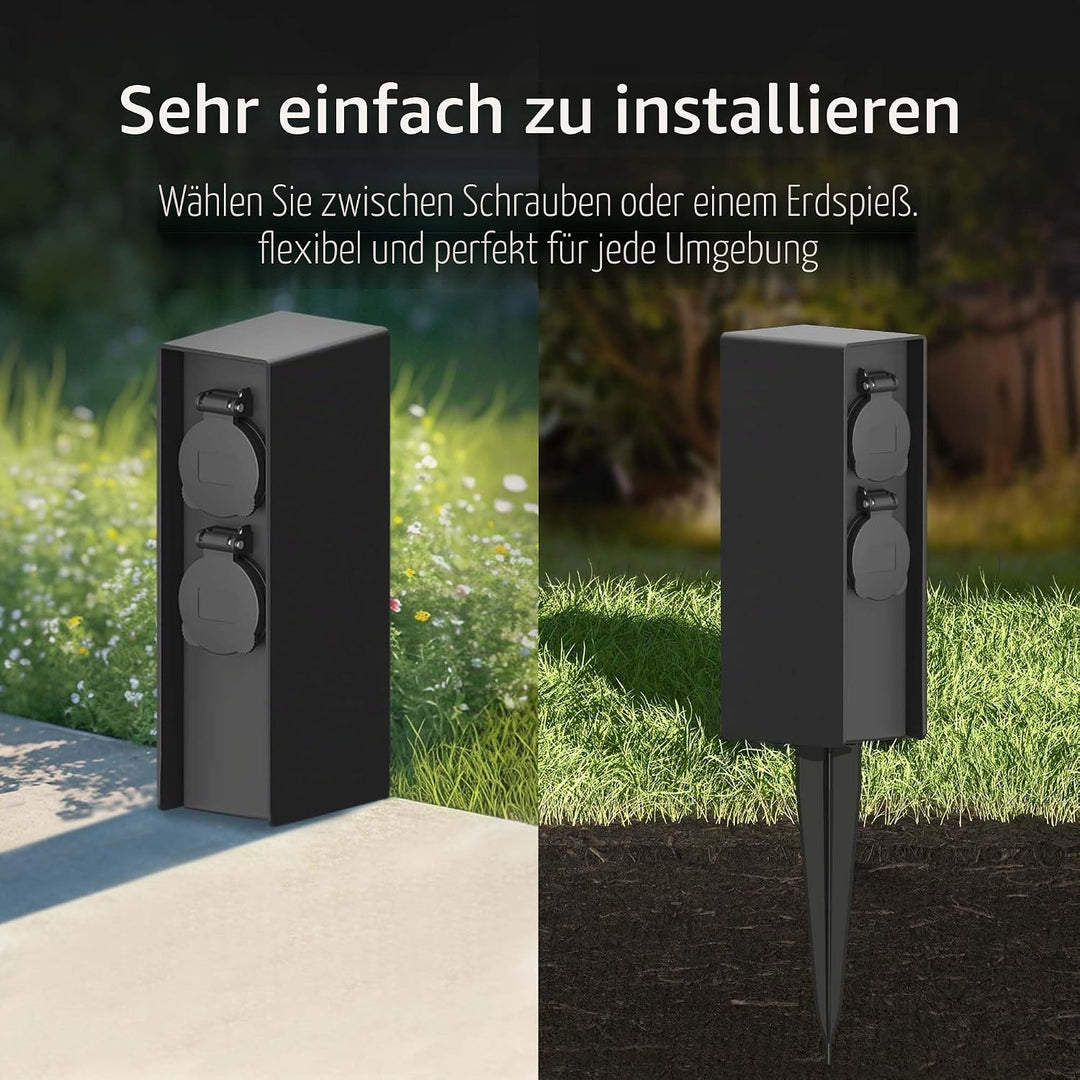 Ledvion - Aussensteckdose mit Pfahl, 4 Steckdosen, Wasserdicht IP44, 3 Jahre Garantie 23 Schwarz, 23