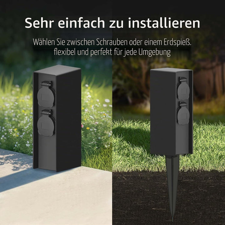 Ledvion - Aussensteckdose mit Pfahl, 4 Steckdosen, Wasserdicht IP44, 3 Jahre Garantie 23 Schwarz, 23