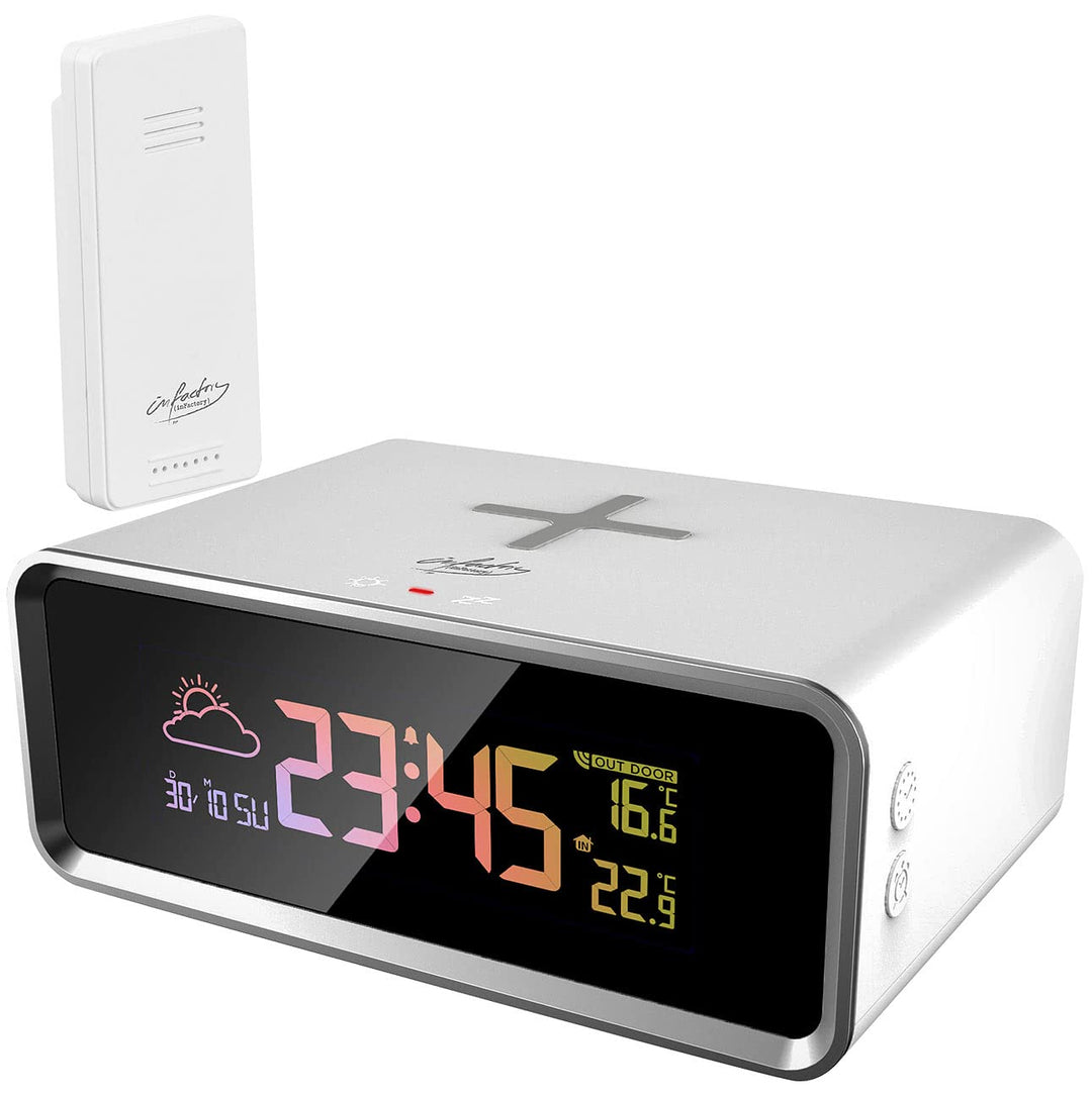 infactory Handy Ladestation: Funk-Wetterstation, Qi-kompatibles Ladegerät & Wecker, Sensor, 10 W (In