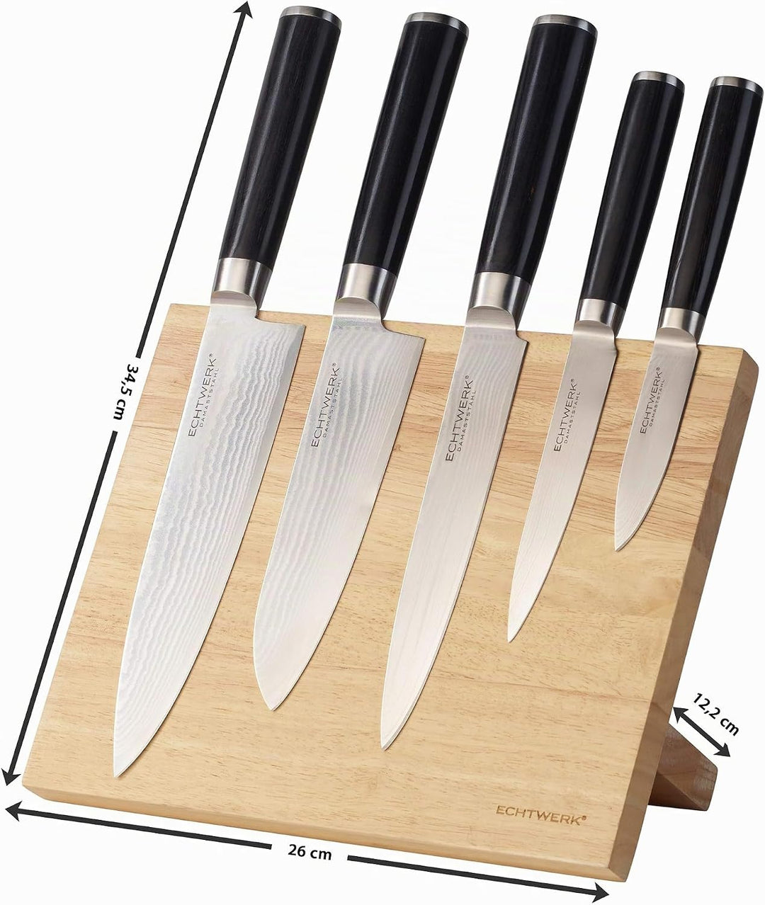 Echtwerk Damastmesser Set 5tlg. inkl. Magnet- Messerblock aus Holz , Silber, 22 x 13 x 36 cm Griff -