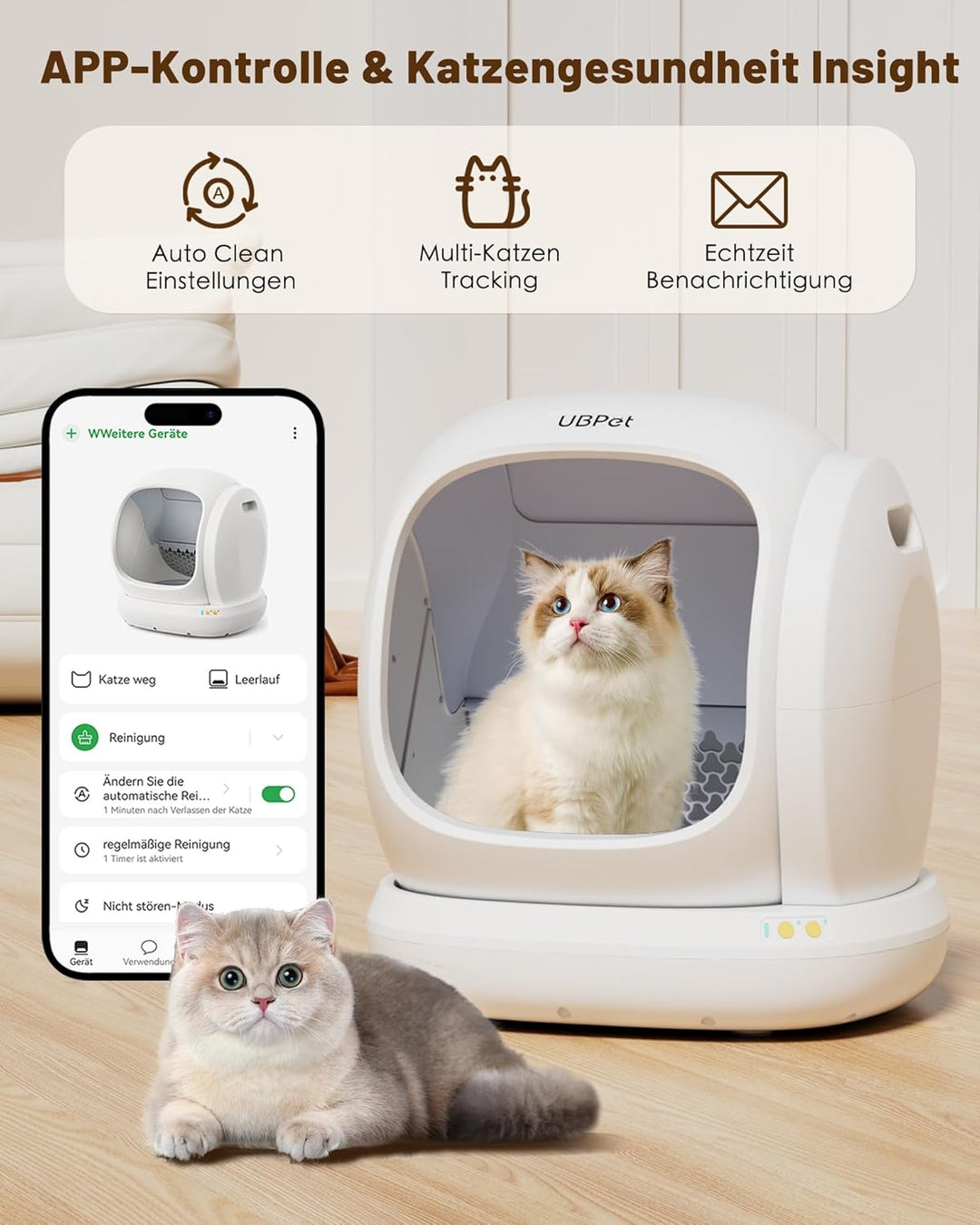 UBPET C20 Selbstreinigende Katzentoilette Katzenklo Selbstreinigend, Breite Öffnung/Grosser Raum/Nie