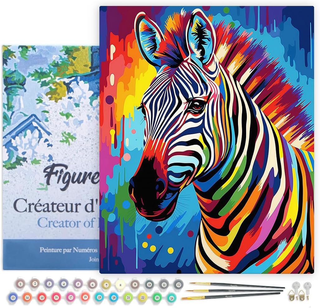 Figured'Art Malen Nach Zahlen Erwachsene Mit Rahmen Zebra Farbenfroh Abstrakt - Paint by Numbers Bas