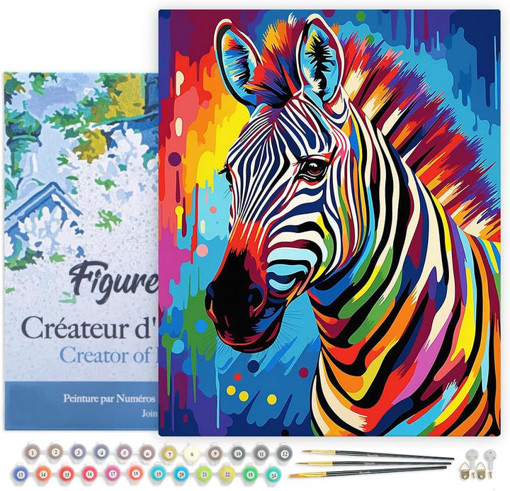 Figured'Art Malen Nach Zahlen Erwachsene Mit Rahmen Zebra Farbenfroh Abstrakt - Paint by Numbers Bas