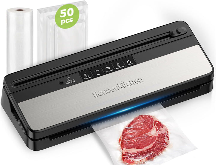 Vakuumiergerät, Multifunktions-Vakuumierer mit 50 Vakuumbeutel und 1 Vakuumrolle, Eingebautem Cutter