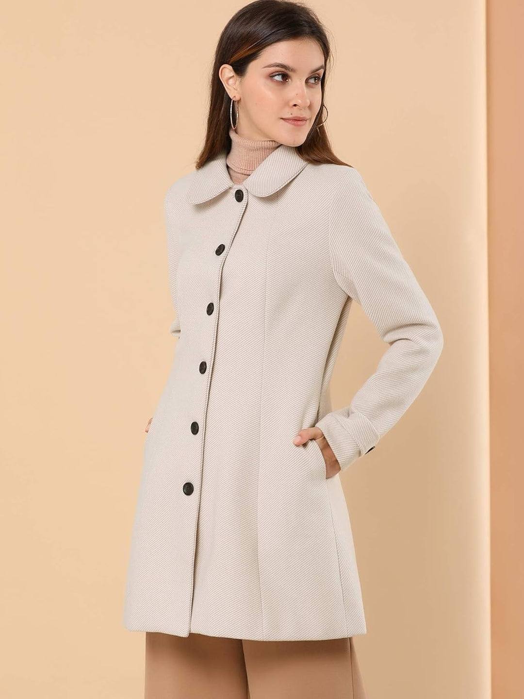 Allegra K Women's Peter Pan Collar Overcoat Single Breasted Pockets Winter Long Coat XS Beige, XS Be