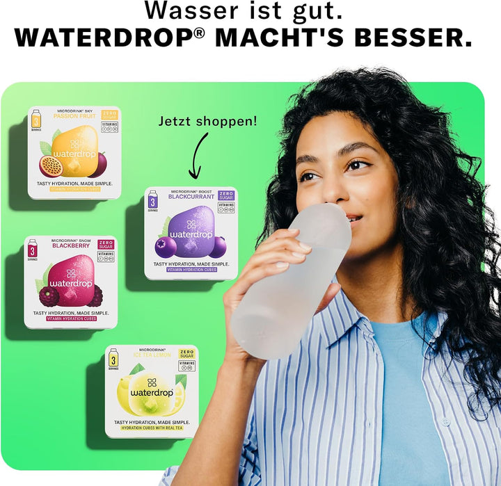 waterdrop® Starter Set Glass – 1x 1L Glass Bottle + 18 Getränkewürfel in 6 fruchtigen Sorten – Probi