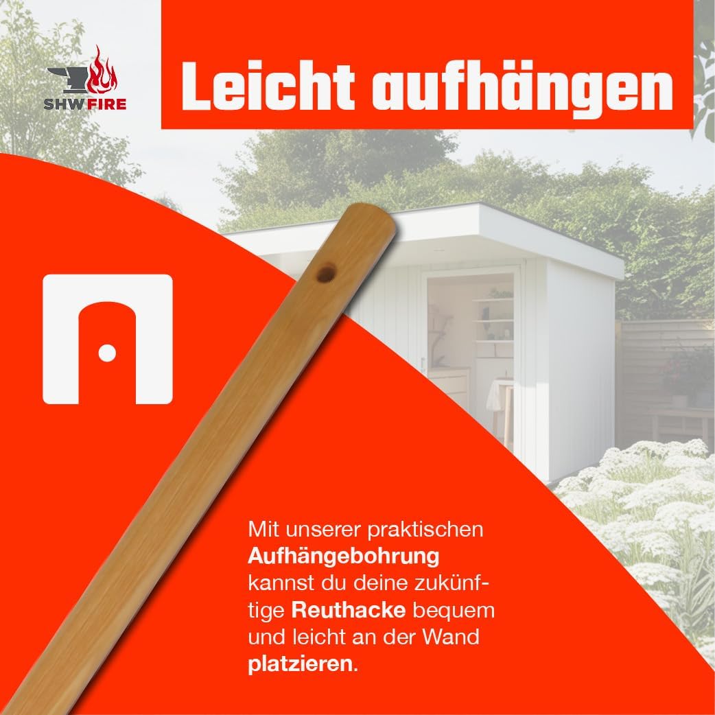 Hartboden-Reuthacke mit scharfer Hacke - 135 cm Eschenholzstiel, Wurzelentferner & Unkrauthacke für
