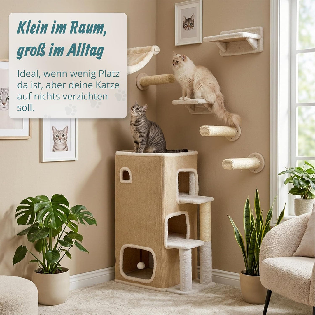 Relaxdays Katzenhaus 3-stöckig, Katzenhöhle mit Ball &amp; Kratzbaum, beige | HxBxT: 83,5x43x34 cm, Tier