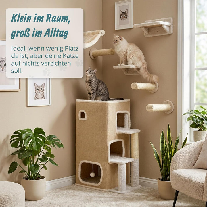 Relaxdays Katzenhaus 3-stöckig, Katzenhöhle mit Ball &amp; Kratzbaum, beige | HxBxT: 83,5x43x34 cm, Tier