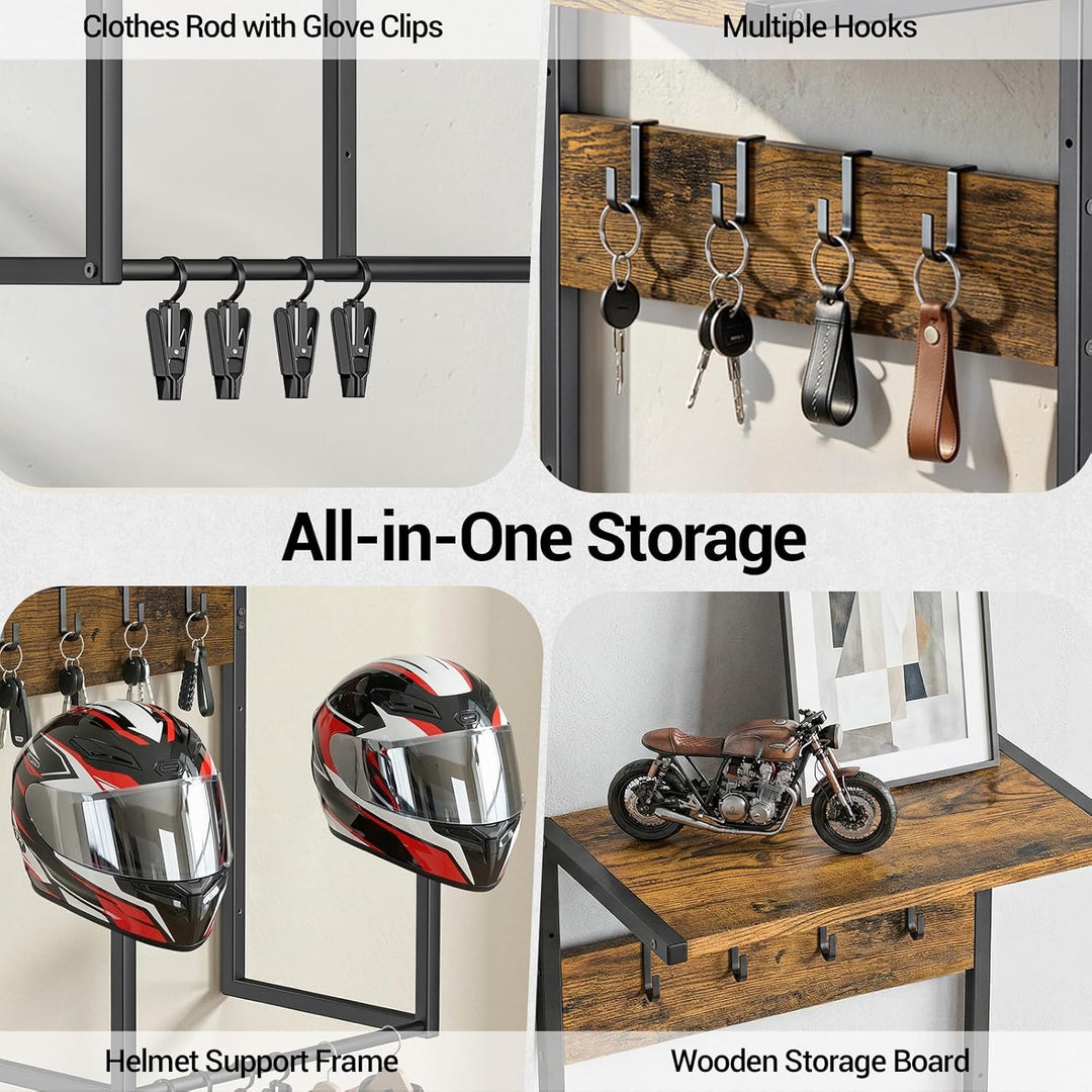 Housolution Motorradhelm Wandhalterung, Helmhalterung mit 4 Handschuhchips und 4 Haken für Reitanzüg