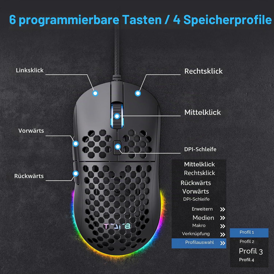 TMKB M1se Gaming Maus mit 12800 DPI Optischer Sensor,6 Programmierbare Tasten Wabenmaus,Anpassbares