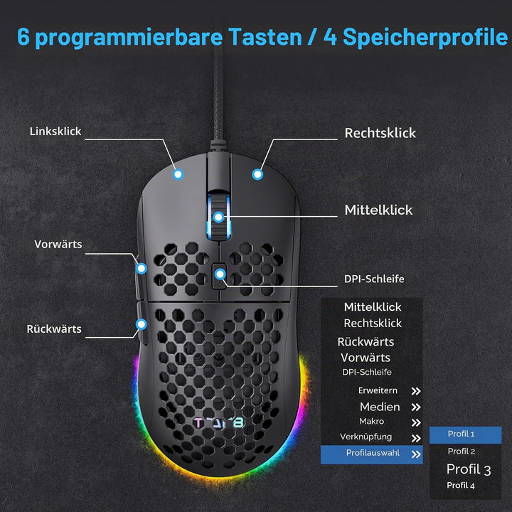 TMKB M1se Gaming Maus mit 12800 DPI Optischer Sensor,6 Programmierbare Tasten Wabenmaus,Anpassbares