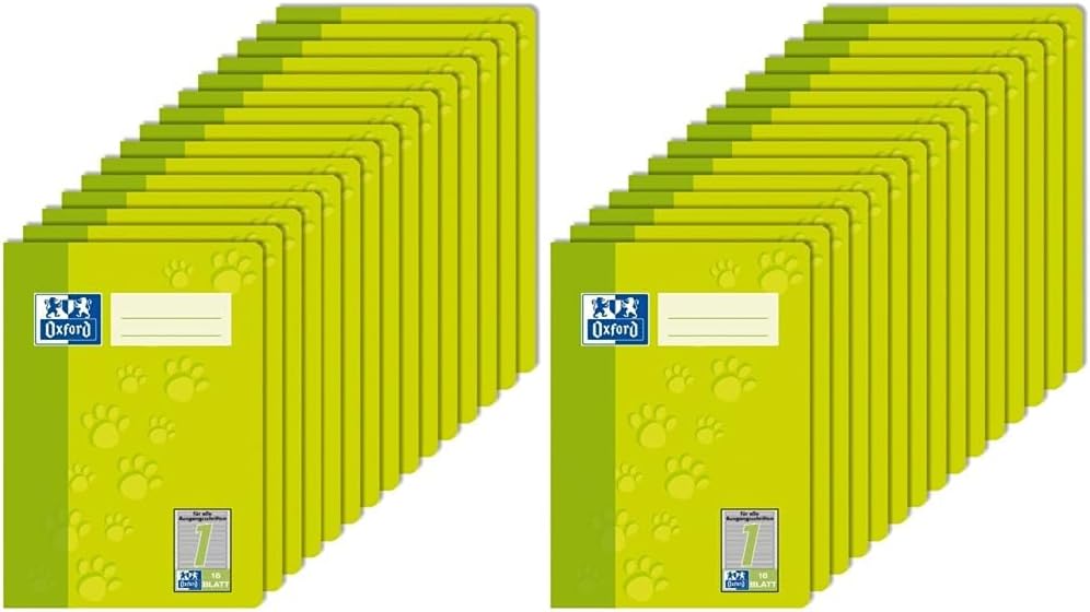 Oxford Schulheft A5, Lineatur 1, 16 Blatt, grün mit Tatzen, 15 Stück (Packung mit 2) 16 Blatt (Packu