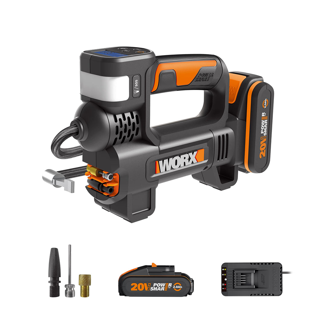 WORX - Luftkompressor und LED-Projektor, kabellos, 150 PSI – 20 V-2 Ah – WX092 (Lieferung mit Akku u