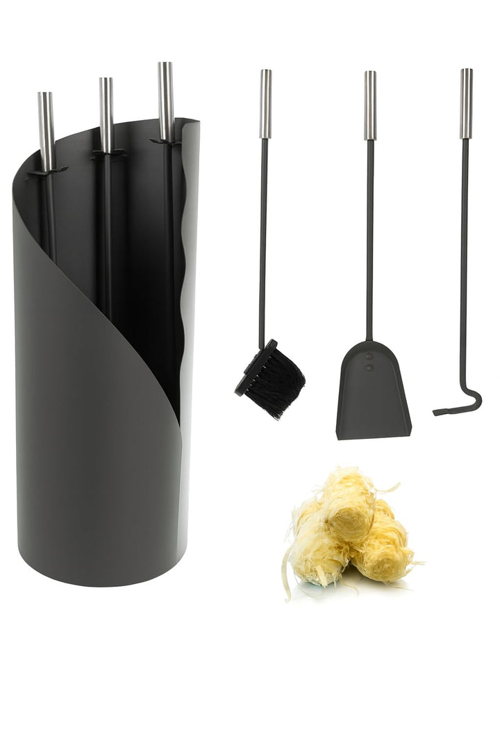 Kaminbesteck Kaminzubehör Set Kaminwerkzeug Ofenbesteck Anthrazit 4-in-1-Set mit Besen, Schaufel, Ei