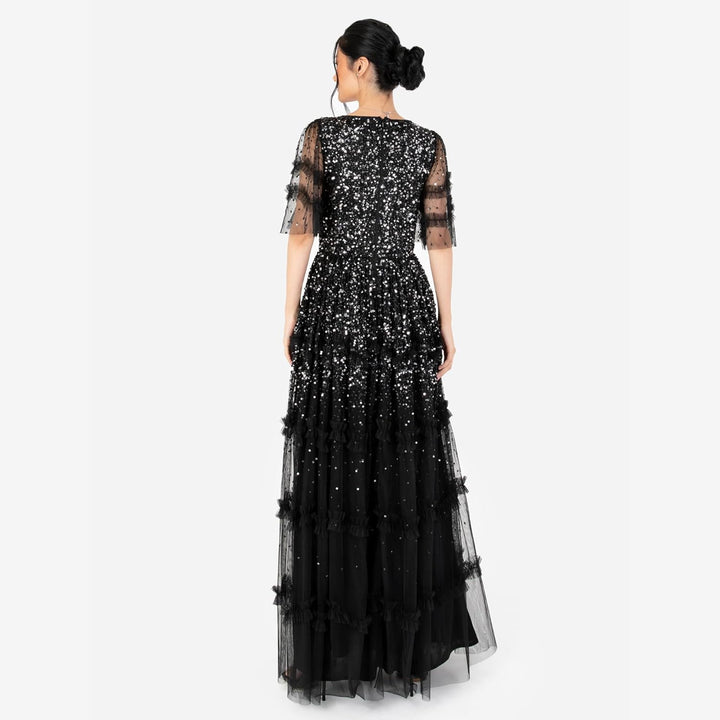 Maya Deluxe Damen Women's Maxi Dress Ladies V-Neck Sequin Embellished Ruffle Detail for Wedding Gues
