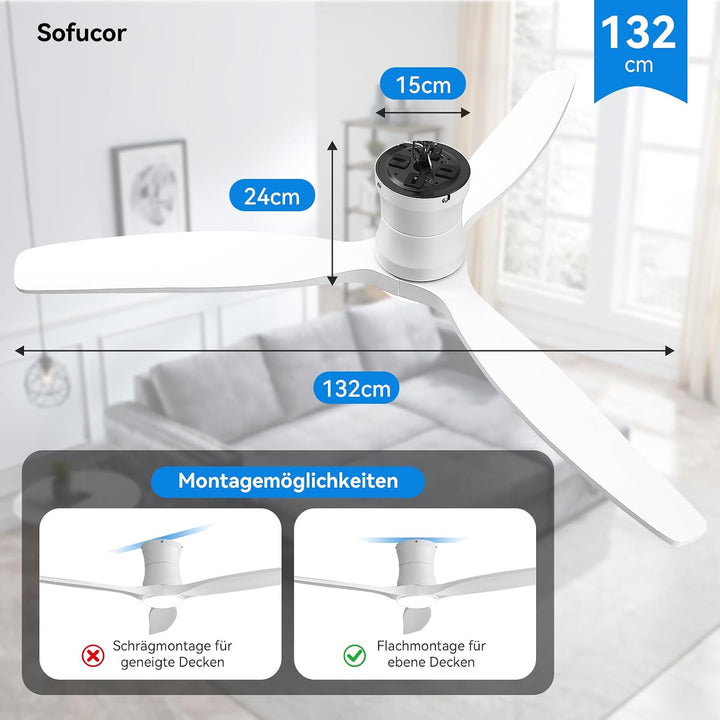Sofucor 132cm Deckenventilator mit Beleuchtung,Massivholz Deckenventilator mit Licht und Fernbedienu